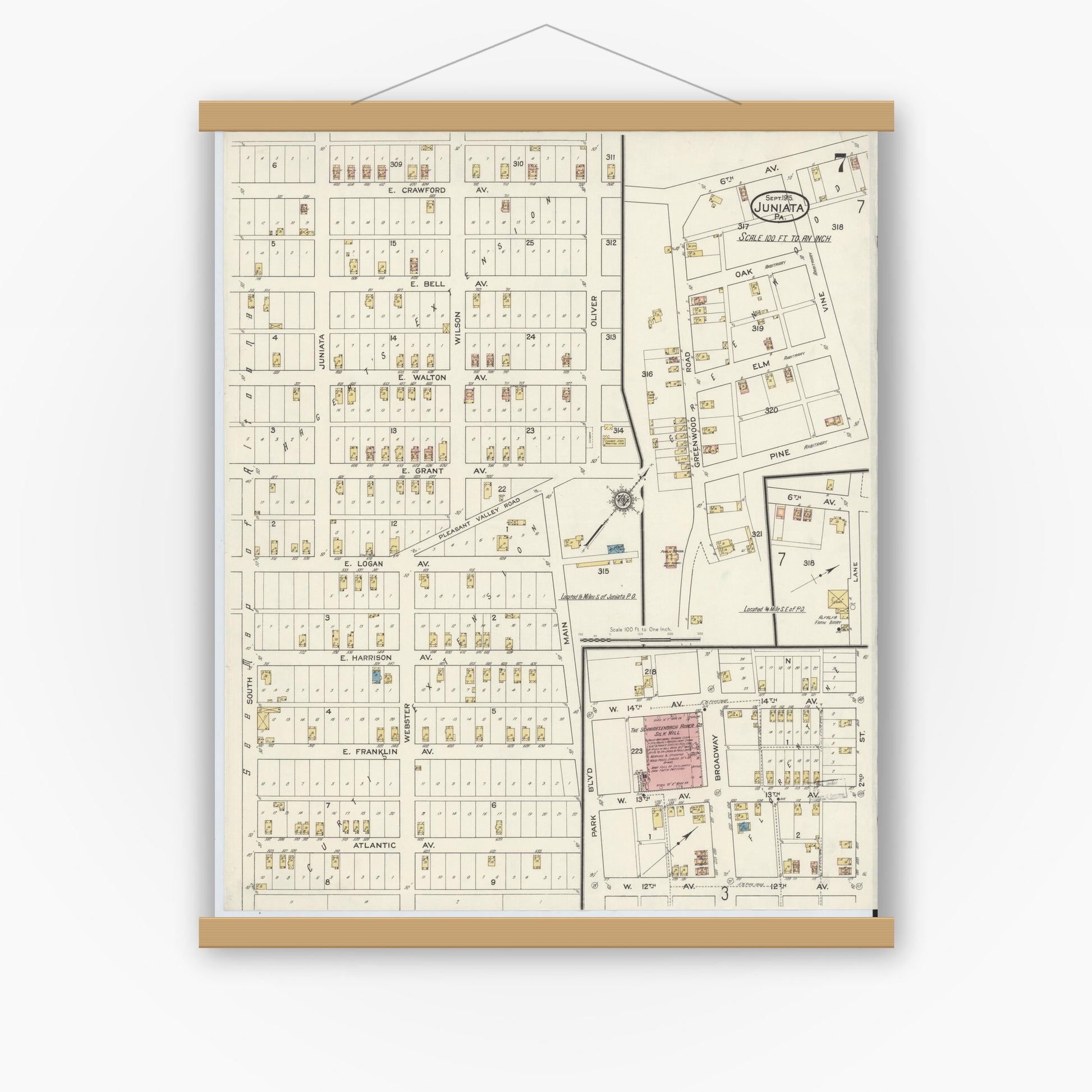 Old map wall art mockup — magnetic wood frame on white wall — Sanborn Fire Insurance Map from Juniata, Blair County, Pennsylvania (1915), Sheet #0007