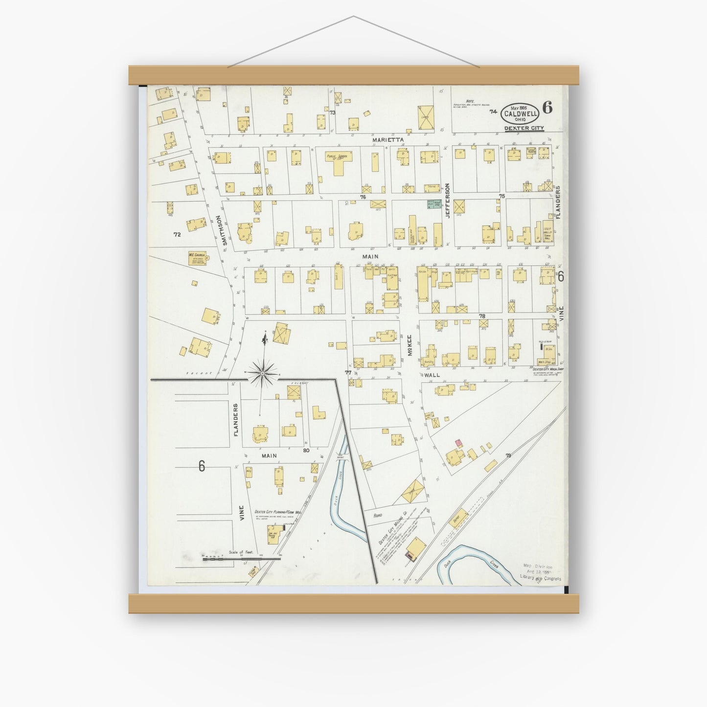 Old map wall art mockup — magnetic wood frame on white wall — Sanborn Fire Insurance Map from Caldwell, Noble County, Ohio (1905), Sheet #0006