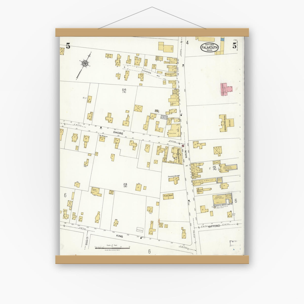 Old map wall art mockup — magnetic wood frame on white wall — Sanborn Fire Insurance Map from Falmouth, Barnstable County, Massachusetts (1923), Sheet #0005
