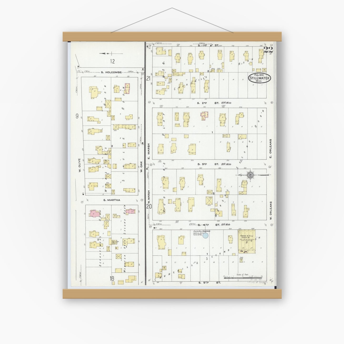 Old map wall art mockup — magnetic wood frame on white wall — Sanborn Fire Insurance Map from Stillwater, Washington County, Minnesota (1910), Sheet #0022