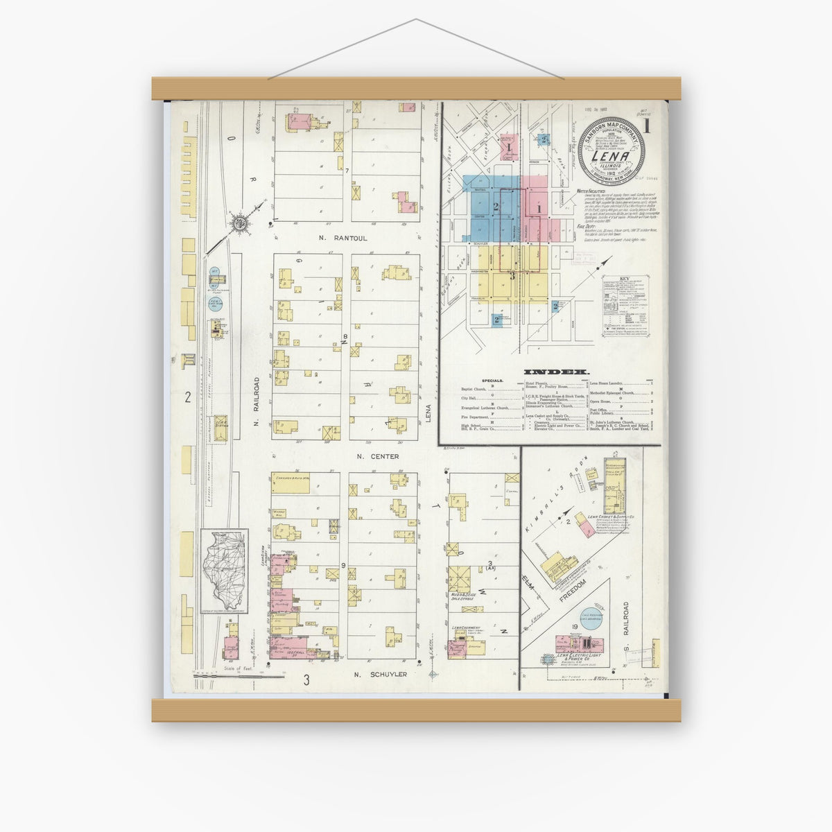 Old map wall art mockup — magnetic wood frame on white wall — Sanborn Fire Insurance Map from Lena, Stephenson County, Illinois (1912) - Complete Map Set
