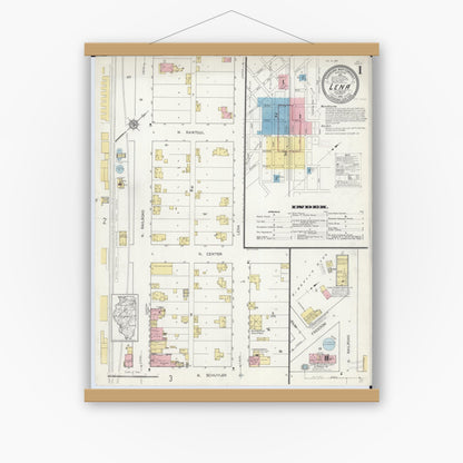 Old map wall art mockup — magnetic wood frame on white wall — Sanborn Fire Insurance Map from Lena, Stephenson County, Illinois (1912) - Complete Map Set
