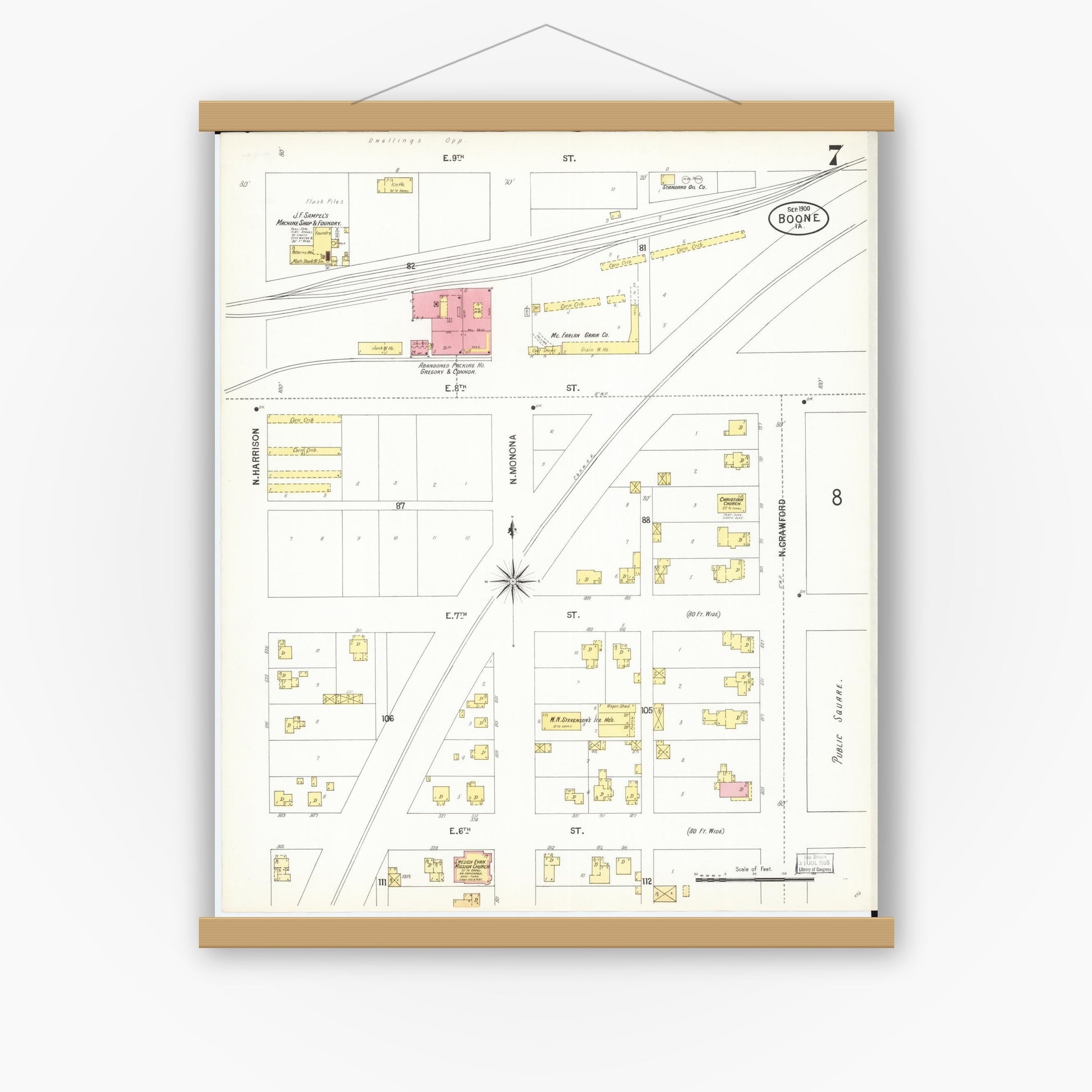 Old map wall art mockup — magnetic wood frame on white wall — Sanborn Fire Insurance Map from Boone, Boone County, Iowa (1900), Sheet #0007
