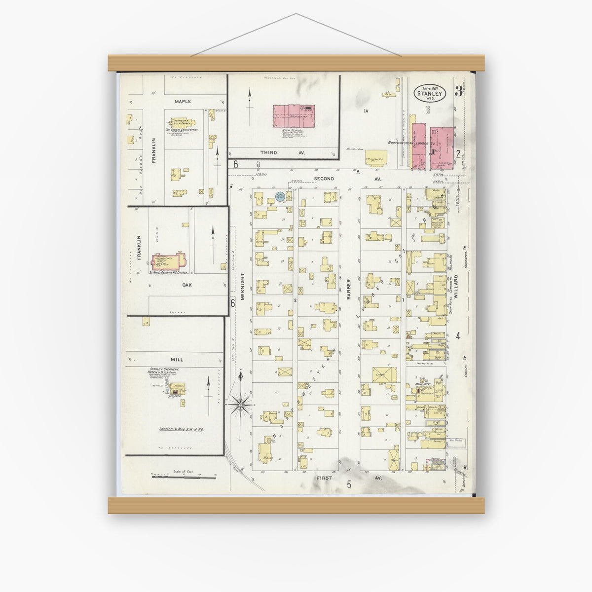 Old map wall art mockup — magnetic wood frame on white wall — Sanborn Fire Insurance Map from Stanley, Chippewa County, Wisconsin (1907), Sheet #0003