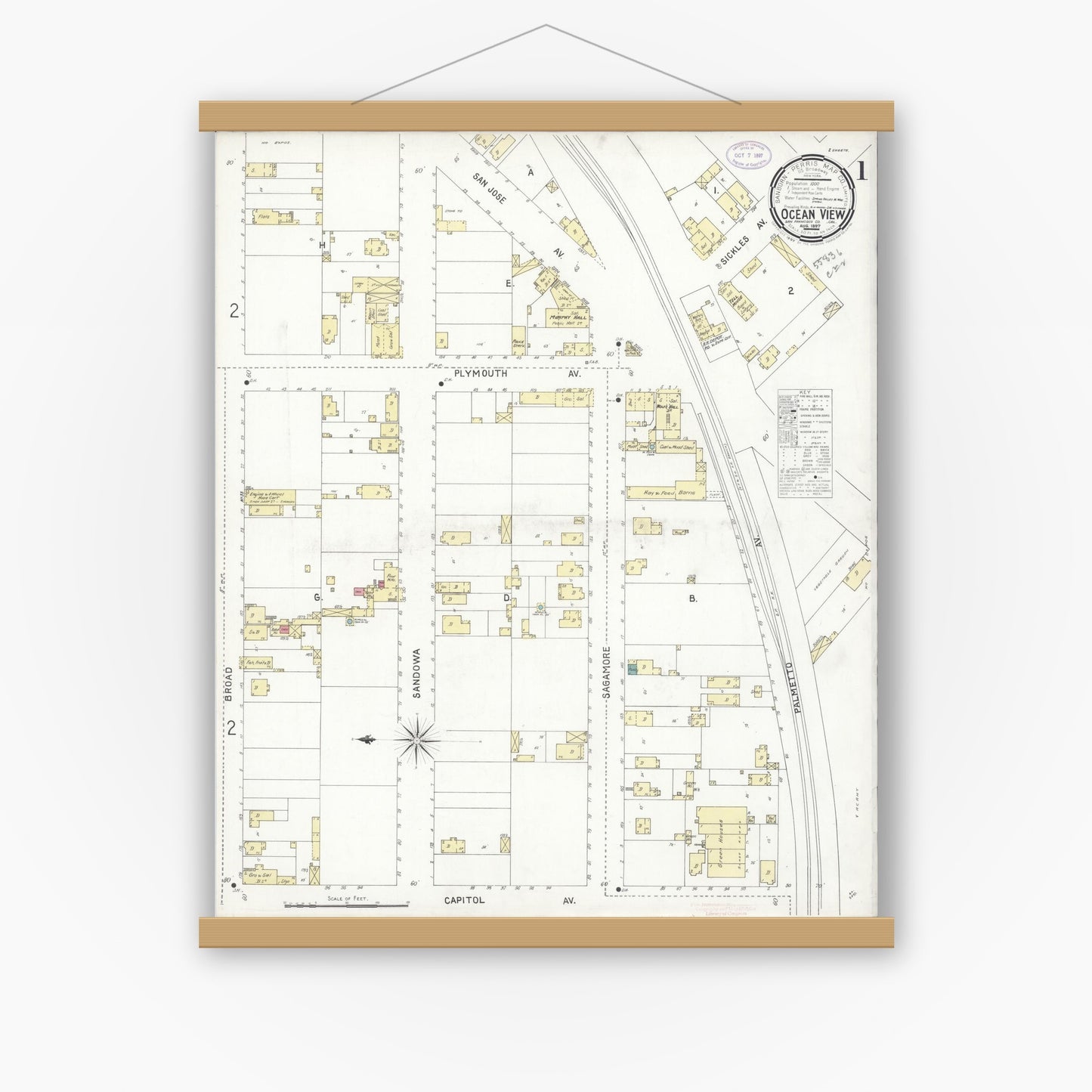 Old map wall art mockup — magnetic wood frame on white wall — Sanborn Fire Insurance Map from Ocean View, San Francisco County, California (1897) - Complete Map Set