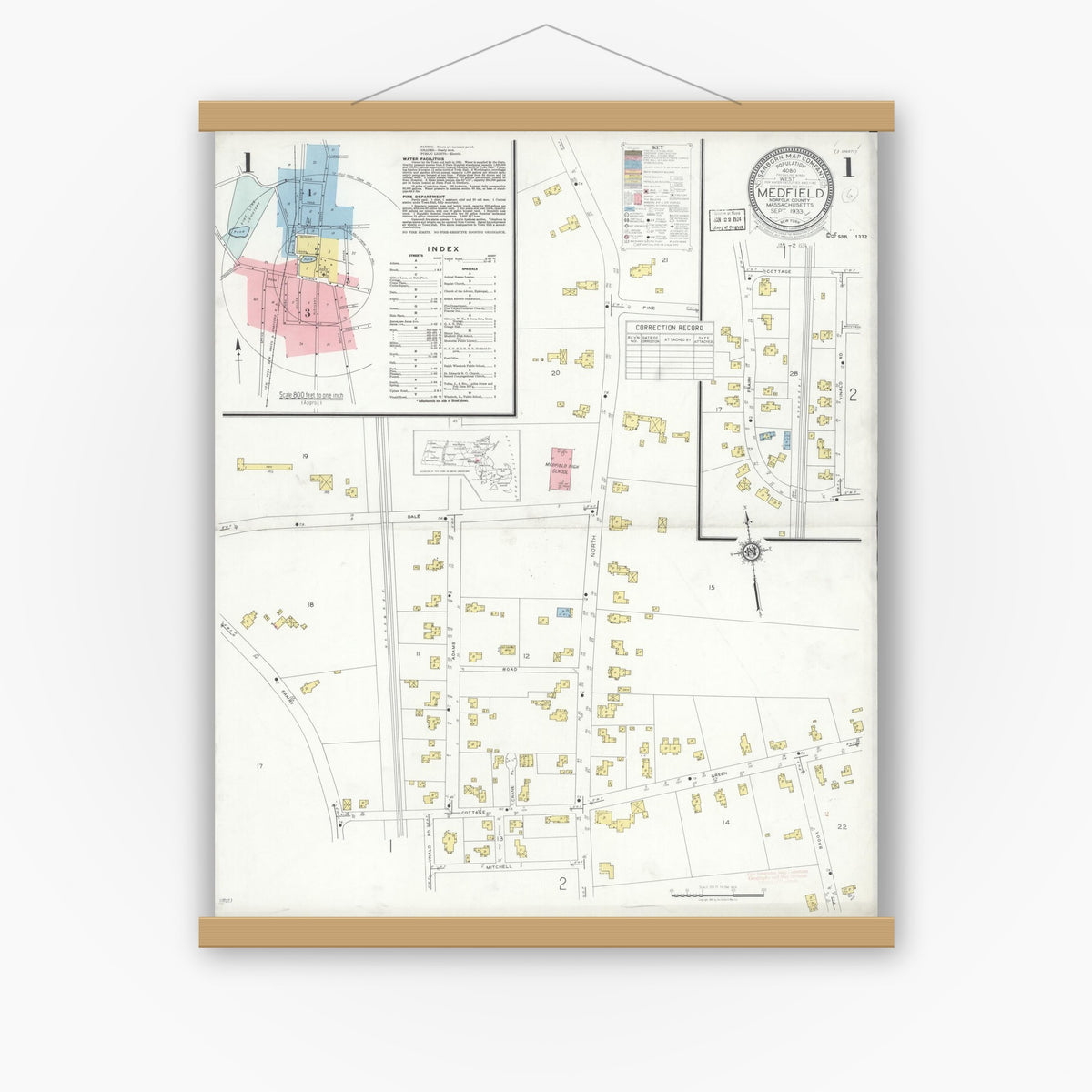 Old map wall art mockup — magnetic wood frame on white wall — Sanborn Fire Insurance Map from Medfield, Norfolk County, Massachusetts (1933) - Complete Map Set