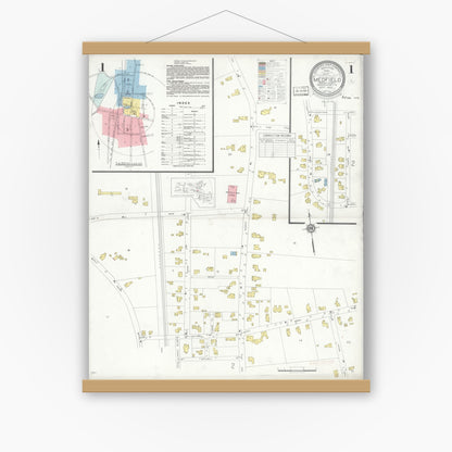Old map wall art mockup — magnetic wood frame on white wall — Sanborn Fire Insurance Map from Medfield, Norfolk County, Massachusetts (1933) - Complete Map Set