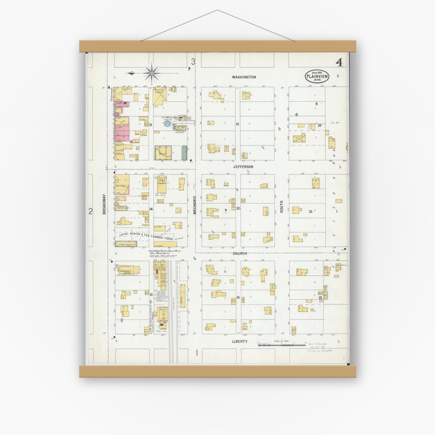Old map wall art mockup — magnetic wood frame on white wall — Sanborn Fire Insurance Map from Plainview, Wabasha County, Minnesota (1900), Sheet #0004