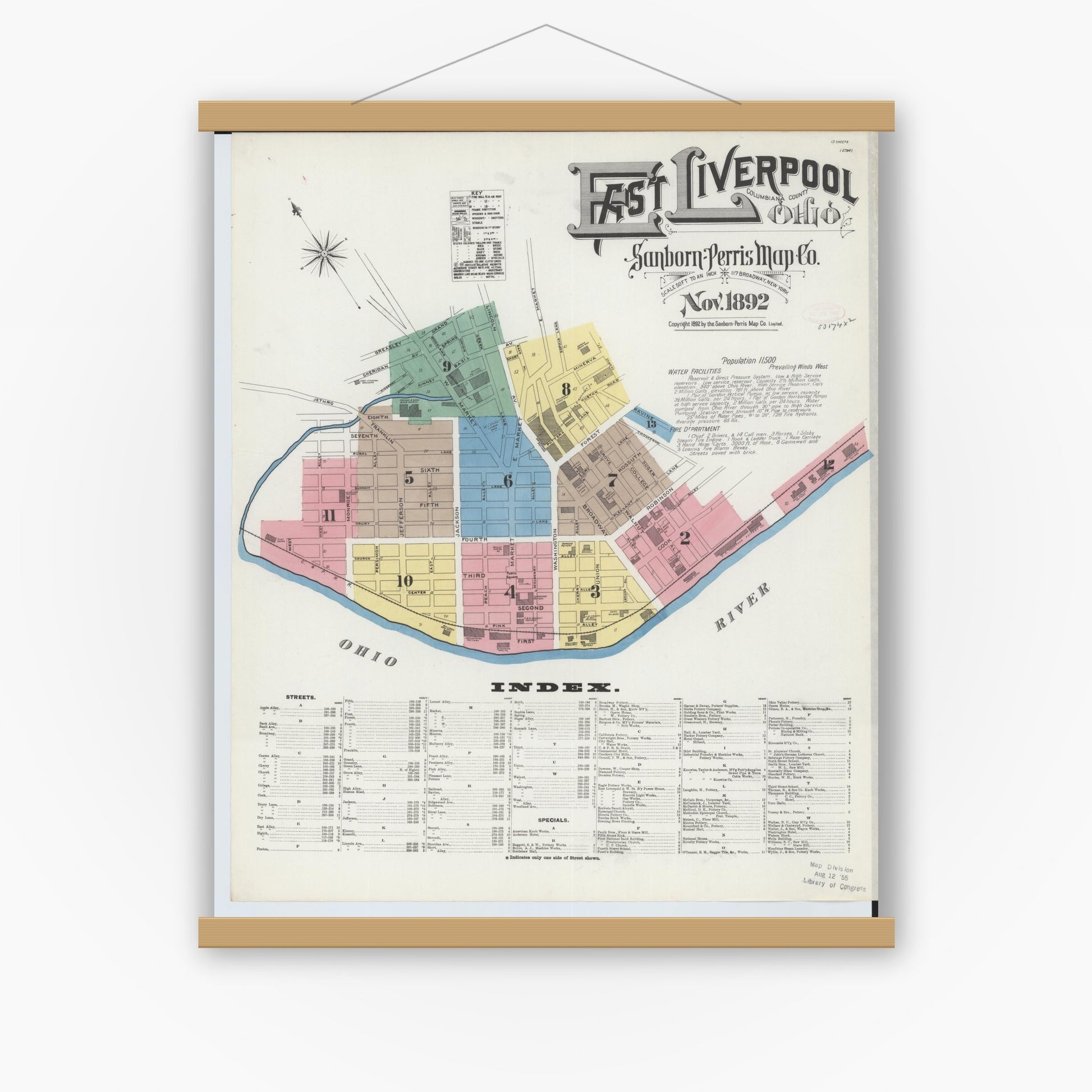 Old map wall art mockup — magnetic wood frame on white wall — Sanborn Fire Insurance Map from East Liverpool, Columbiana County, Ohio (1892), Sheet #0001