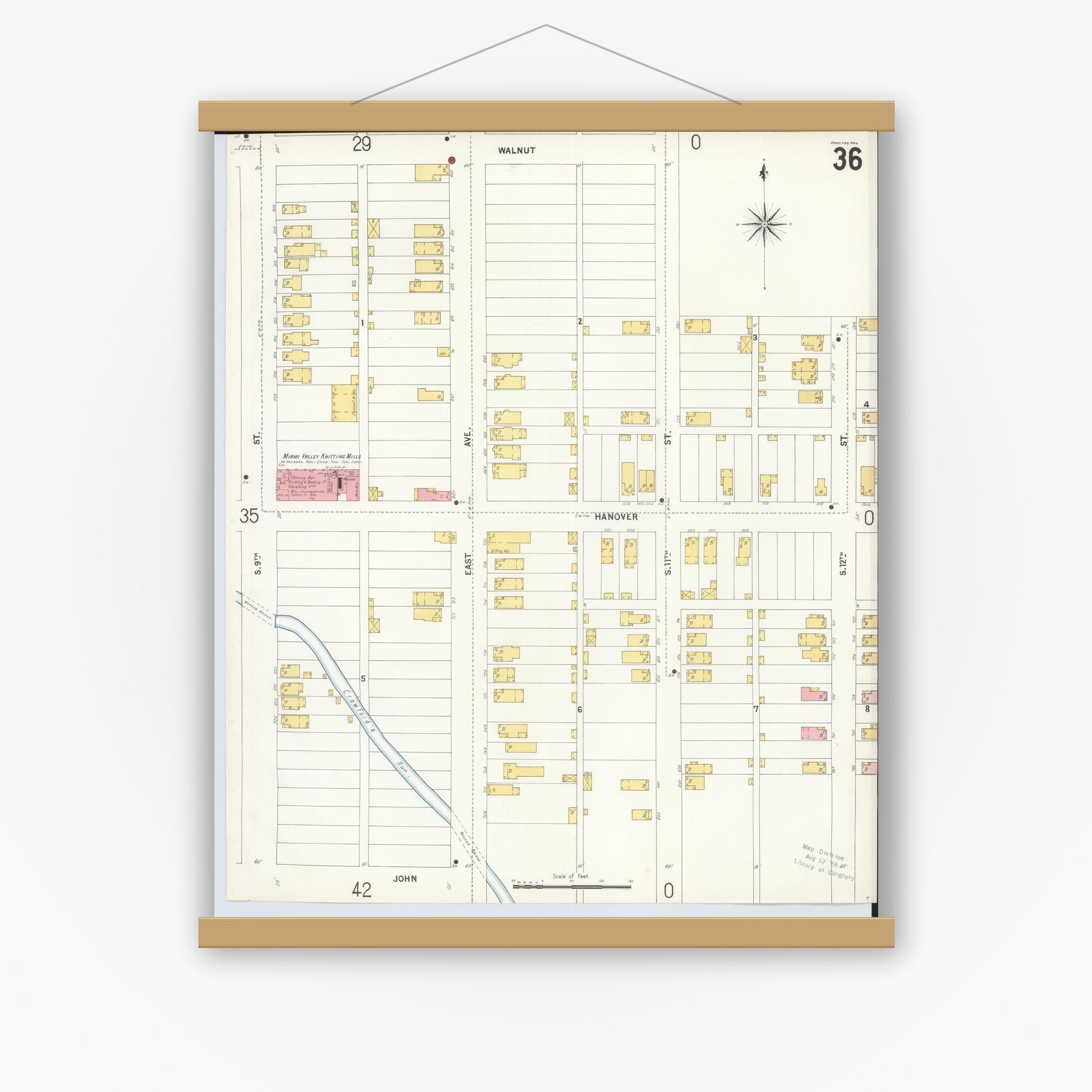 Old map wall art mockup — magnetic wood frame on white wall — Sanborn Fire Insurance Map from Hamilton, Butler County, Ohio (1899), Sheet #0036