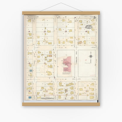 Old map wall art mockup — magnetic wood frame on white wall — Sanborn Fire Insurance Map from Evart, Osceola County, Michigan (1942), Sheet #0003
