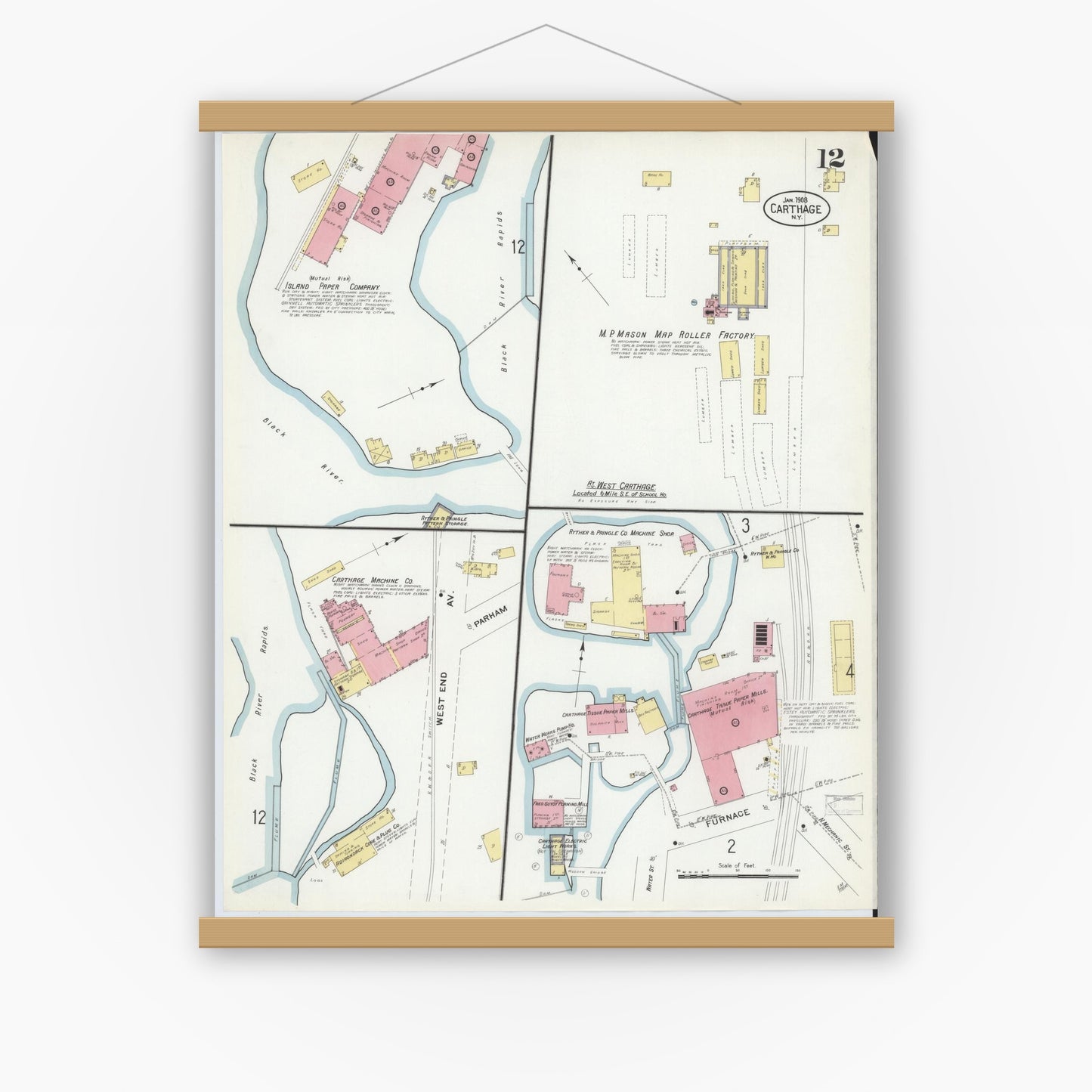 Old map wall art mockup — magnetic wood frame on white wall — Sanborn Fire Insurance Map from Carthage, Jefferson County, New York (1908), Sheet #0012