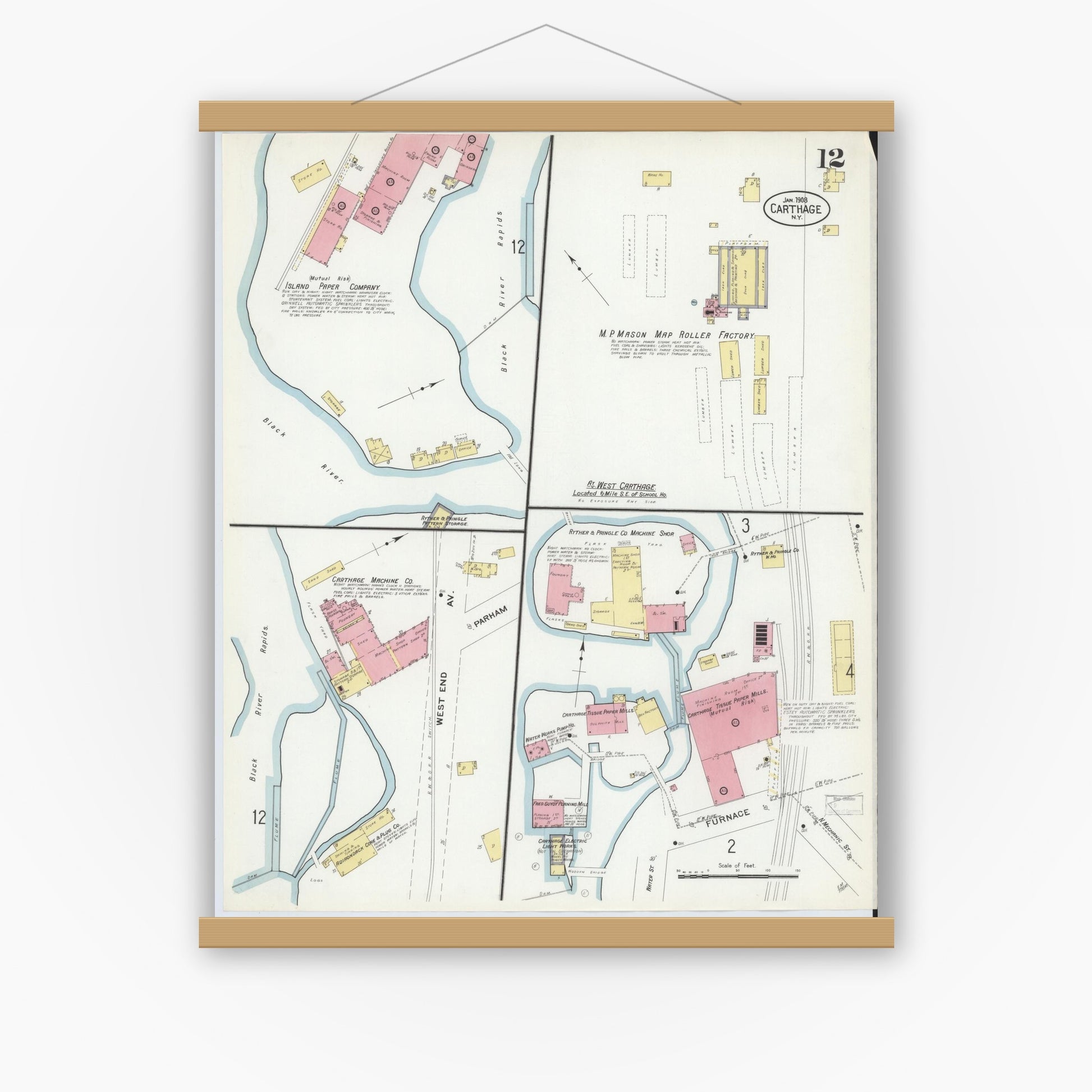 Old map wall art mockup — magnetic wood frame on white wall — Sanborn Fire Insurance Map from Carthage, Jefferson County, New York (1908), Sheet #0012