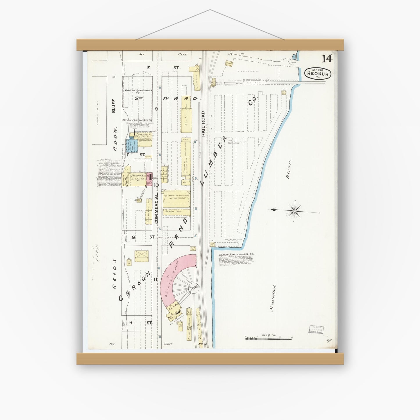 Old map wall art mockup — magnetic wood frame on white wall — Sanborn Fire Insurance Map from Keokuk, Lee County, Iowa (1888), Sheet #0014