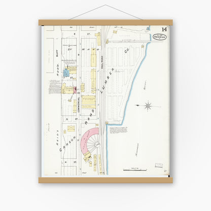 Old map wall art mockup — magnetic wood frame on white wall — Sanborn Fire Insurance Map from Keokuk, Lee County, Iowa (1888), Sheet #0014