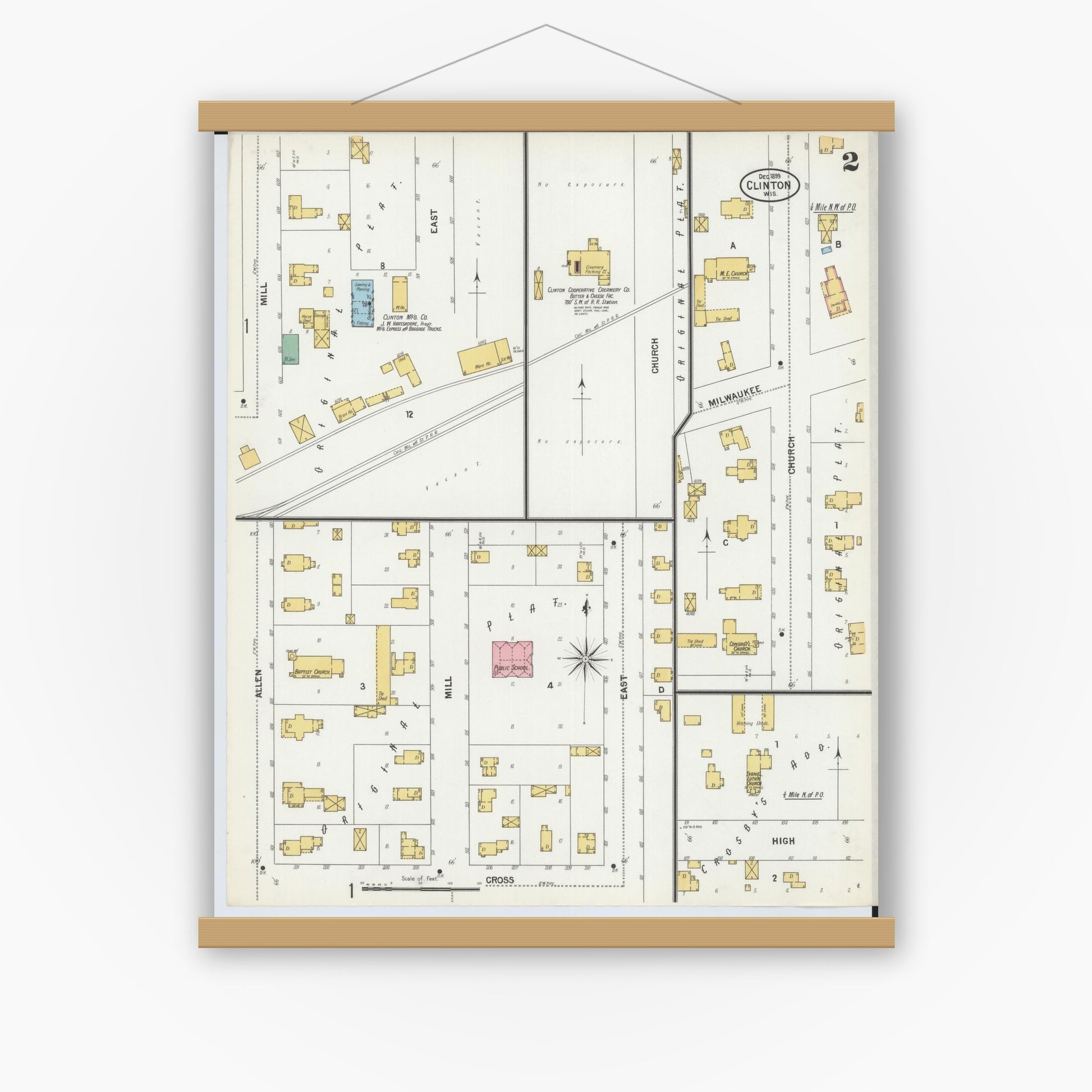 Old map wall art mockup — magnetic wood frame on white wall — Sanborn Fire Insurance Map from Clinton, Rock County, Wisconsin (1899), Sheet #0002