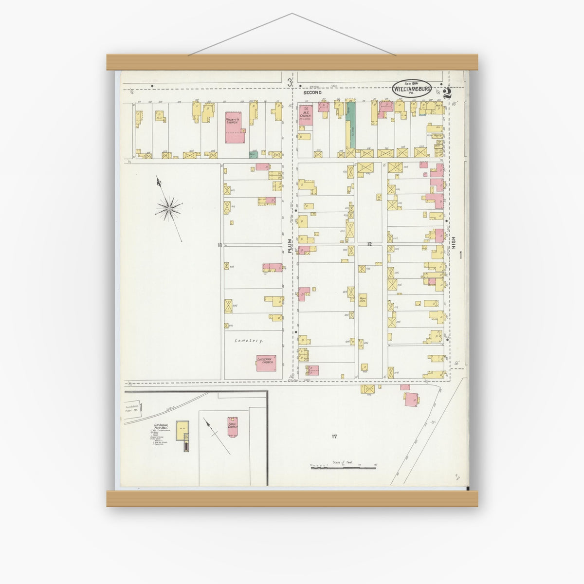 Old map wall art mockup — magnetic wood frame on white wall — Sanborn Fire Insurance Map from Williamsburg, Blair County, Pennsylvania (1904), Sheet #0002