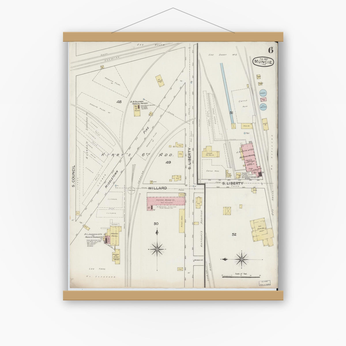 Old map wall art mockup — magnetic wood frame on white wall — Sanborn Fire Insurance Map from Muncie, Delaware County, Indiana (1887), Sheet #0006