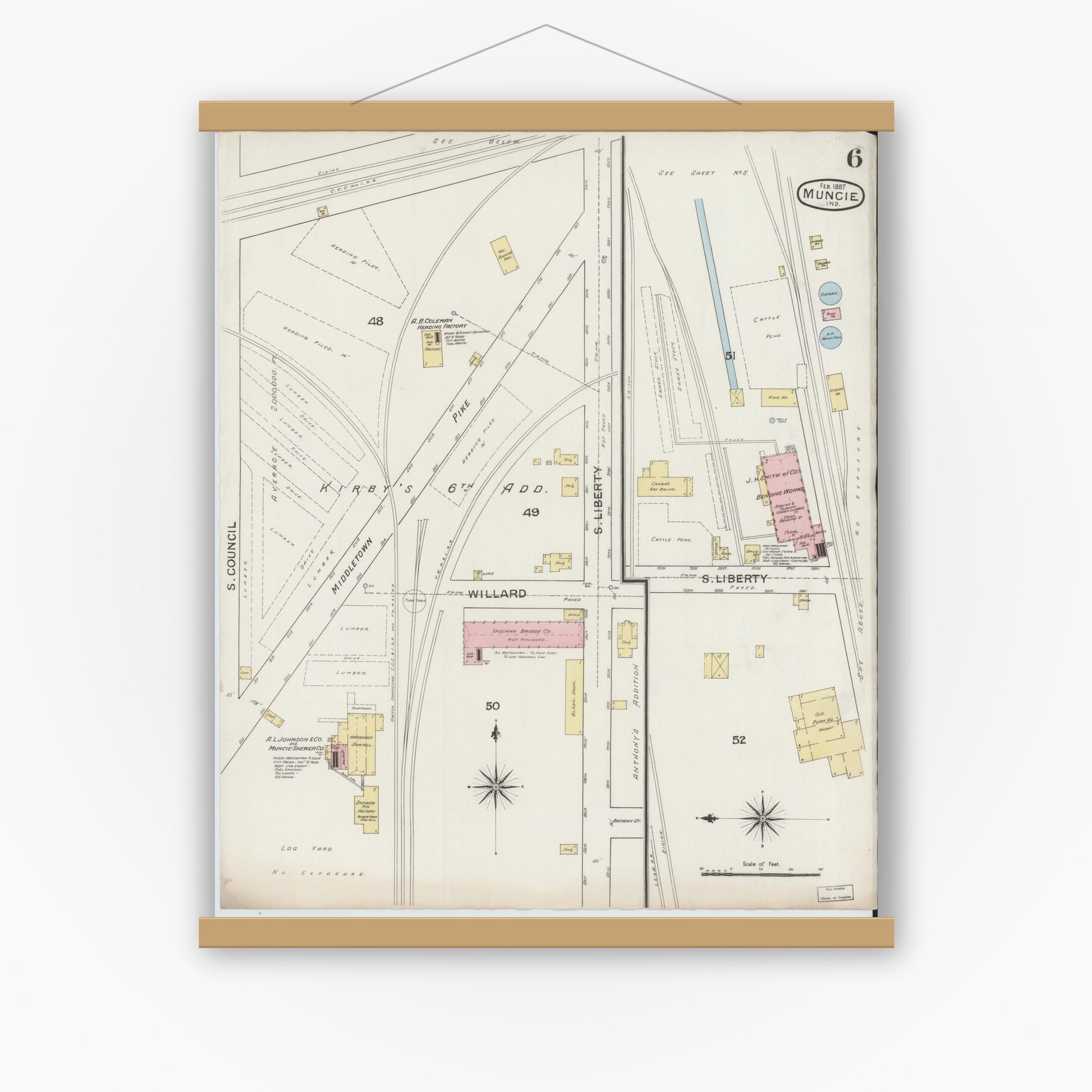 Old map wall art mockup — magnetic wood frame on white wall — Sanborn Fire Insurance Map from Muncie, Delaware County, Indiana (1887), Sheet #0006
