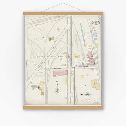 Old map wall art mockup — magnetic wood frame on white wall — Sanborn Fire Insurance Map from Muncie, Delaware County, Indiana (1887), Sheet #0006