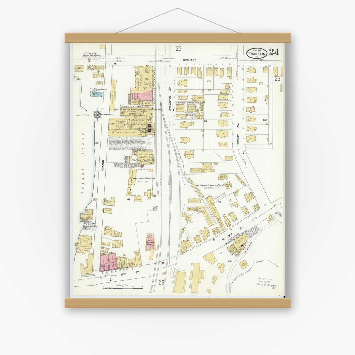 Old map wall art mockup — magnetic wood frame on white wall — Sanborn Fire Insurance Map from Franklin, Venango County, Pennsylvania (1912), Sheet #0024