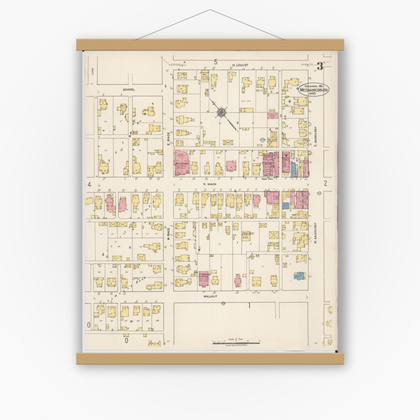 Old map wall art mockup — magnetic wood frame on white wall — Sanborn Fire Insurance Map from Mechanicsburg, Champaign County, Ohio (1921), Sheet #0003