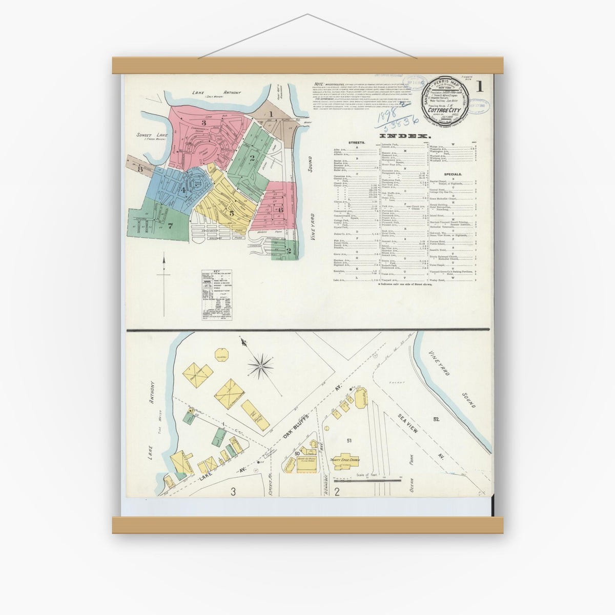 Old map wall art mockup — magnetic wood frame on white wall — Sanborn Fire Insurance Map from Cottage City, Dukes County, Massachusetts (1898) - Complete Map Set