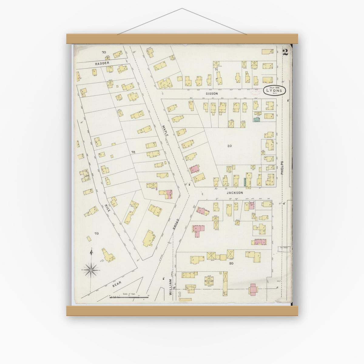 Old map wall art mockup — magnetic wood frame on white wall — Sanborn Fire Insurance Map from Lyons, Wayne County, New York (1894) - Complete Map Set
