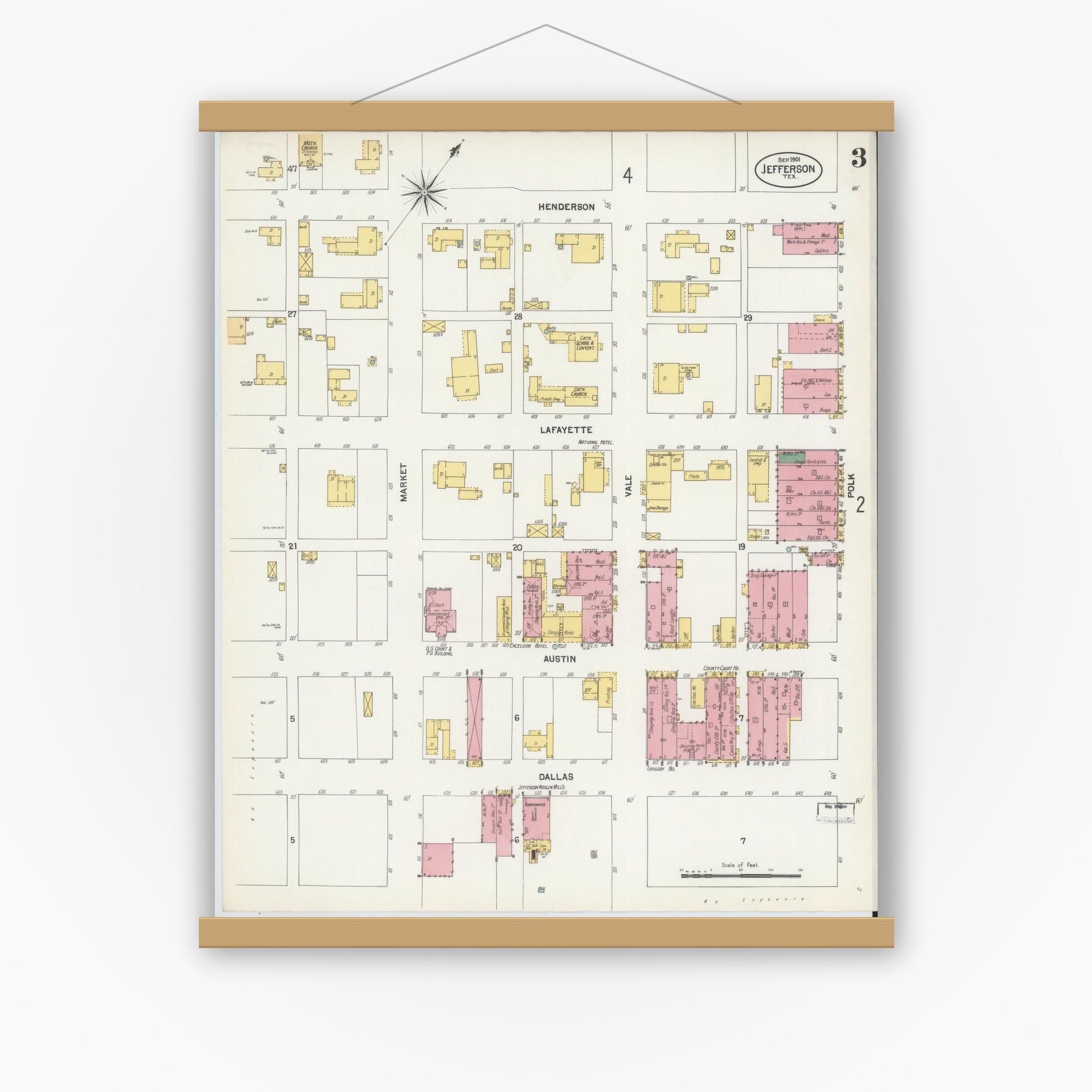 Old map wall art mockup — magnetic wood frame on white wall — Sanborn Fire Insurance Map from Jefferson, Marion County, Texas (1901), Sheet #0003
