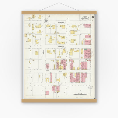 Old map wall art mockup — magnetic wood frame on white wall — Sanborn Fire Insurance Map from Jefferson, Marion County, Texas (1901), Sheet #0003