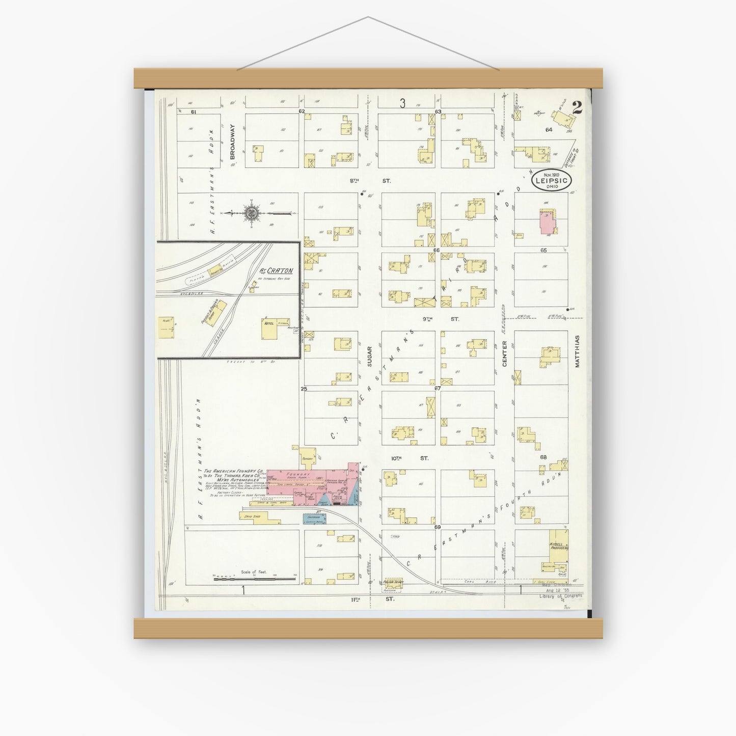 Old map wall art mockup — magnetic wood frame on white wall — Sanborn Fire Insurance Map from Leipsic, Putnam County, Ohio (1910), Sheet #0002
