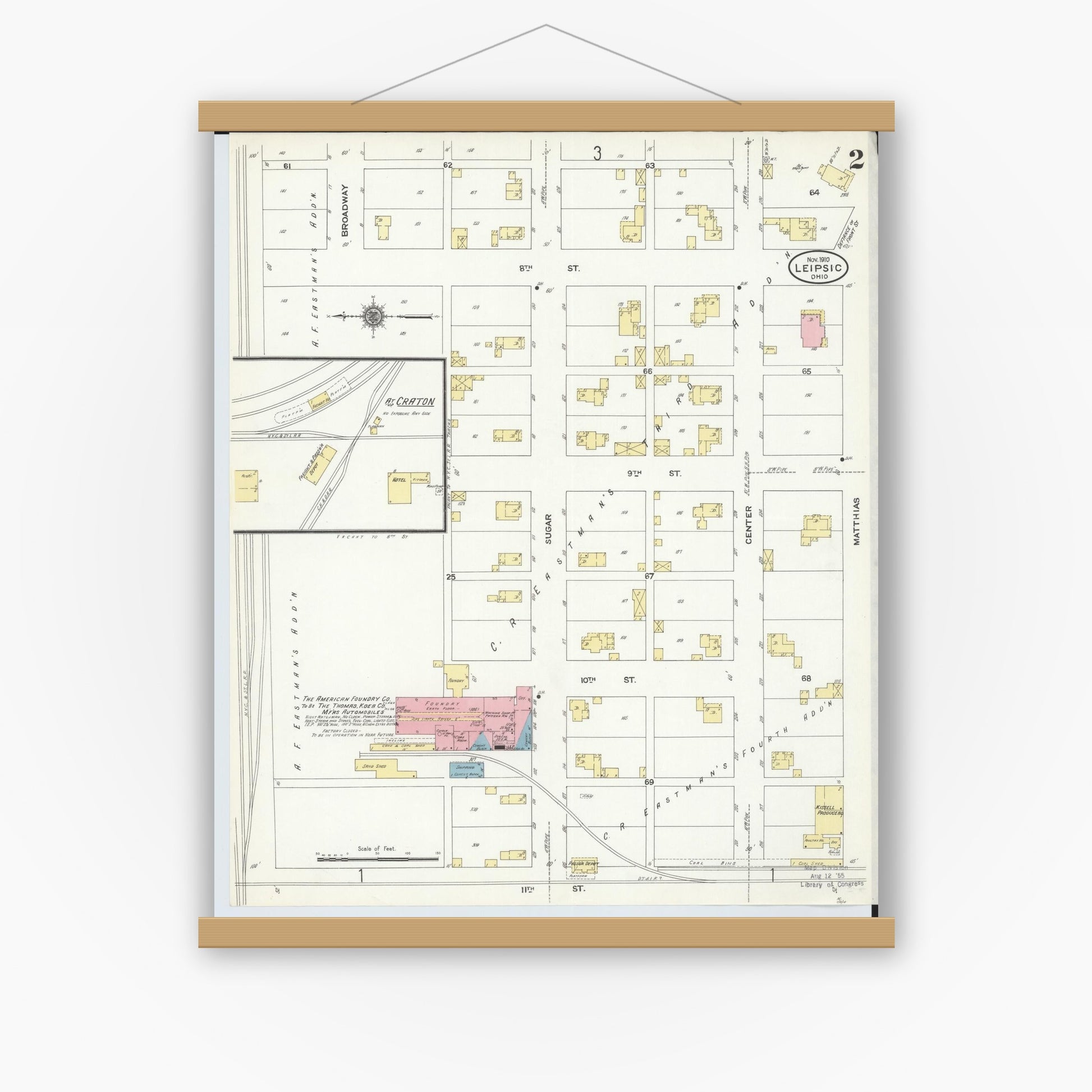 Old map wall art mockup — magnetic wood frame on white wall — Sanborn Fire Insurance Map from Leipsic, Putnam County, Ohio (1910), Sheet #0002