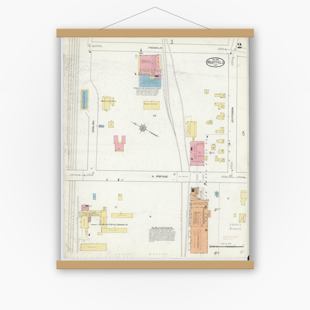 Old map wall art mockup — magnetic wood frame on white wall — Sanborn Fire Insurance Map from Westfield, Chautauqua County, New York (1912), Sheet #0002