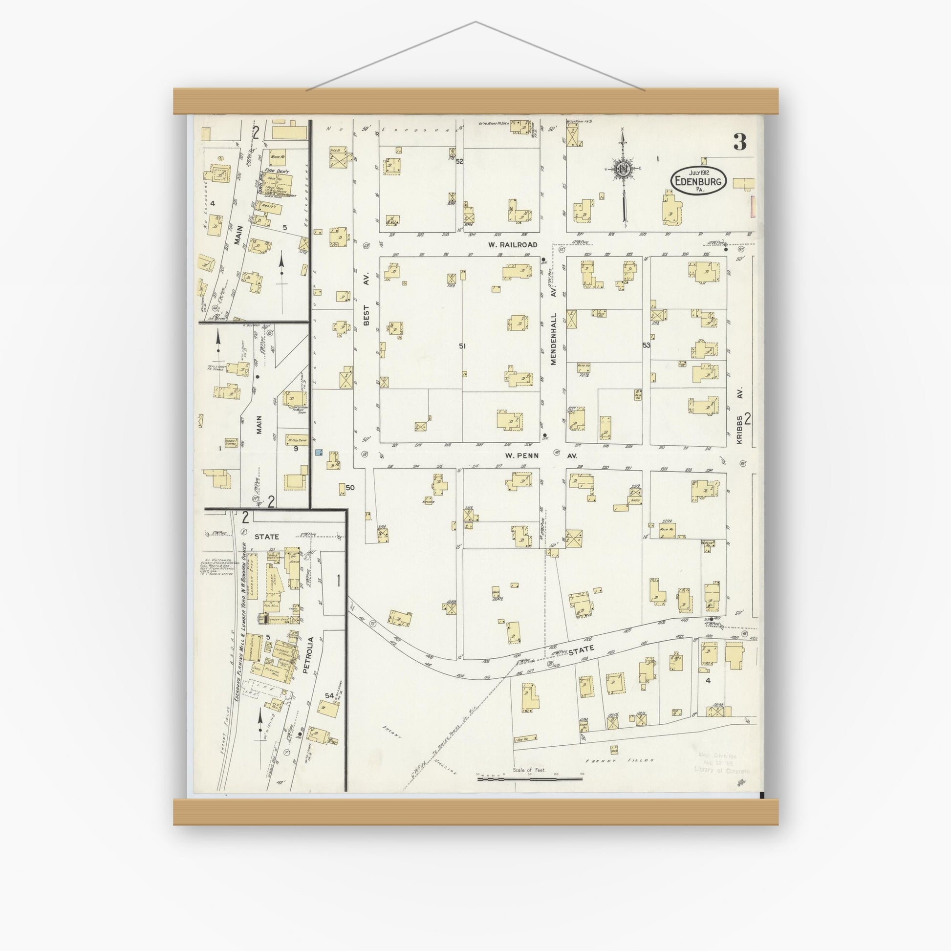 Old map wall art mockup — magnetic wood frame on white wall — Sanborn Fire Insurance Map from Edenburg, Clarion County, Pennsylvania (1912), Sheet #0003
