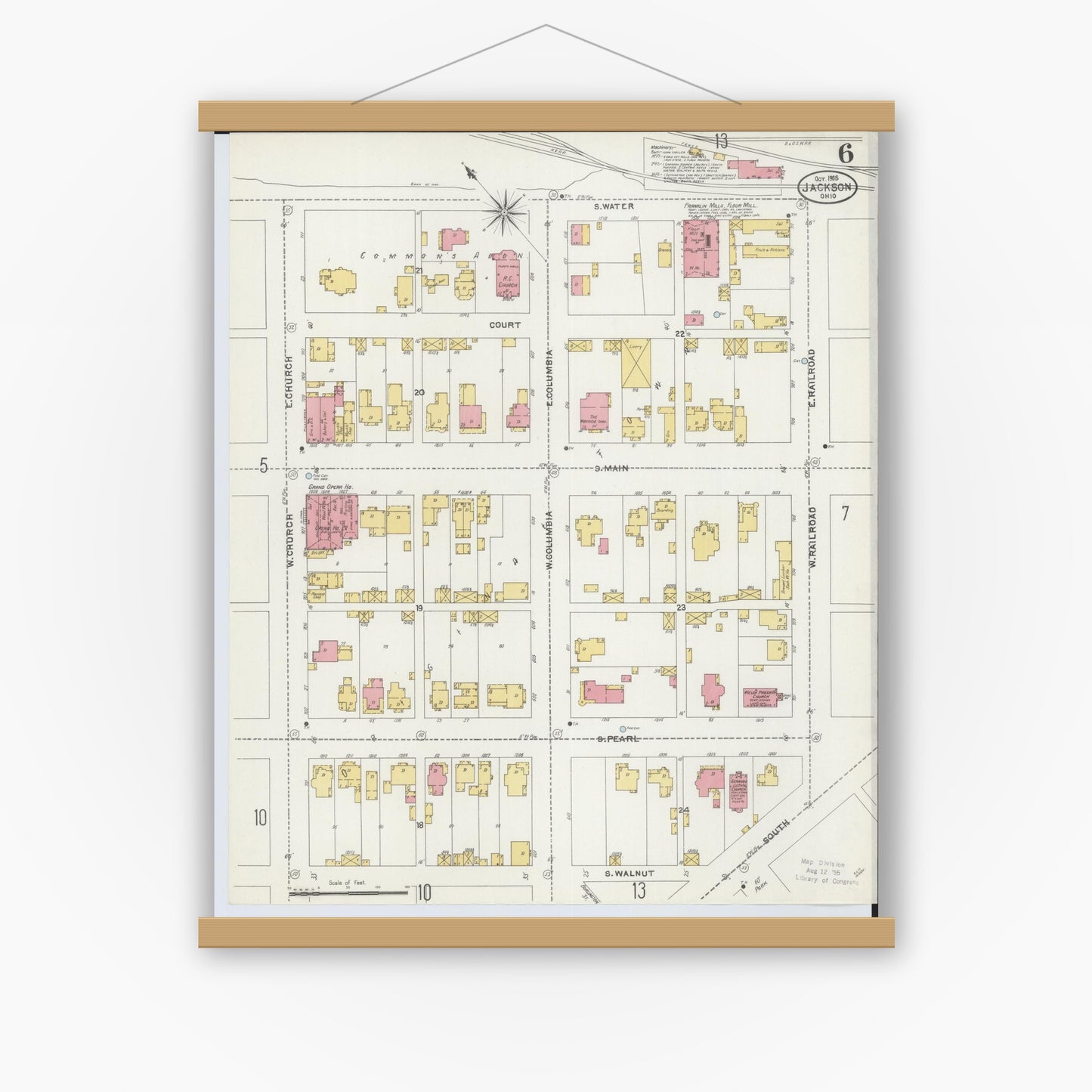 Old map wall art mockup — magnetic wood frame on white wall — Sanborn Fire Insurance Map from Jackson, Jackson County, Ohio (1905), Sheet #0006