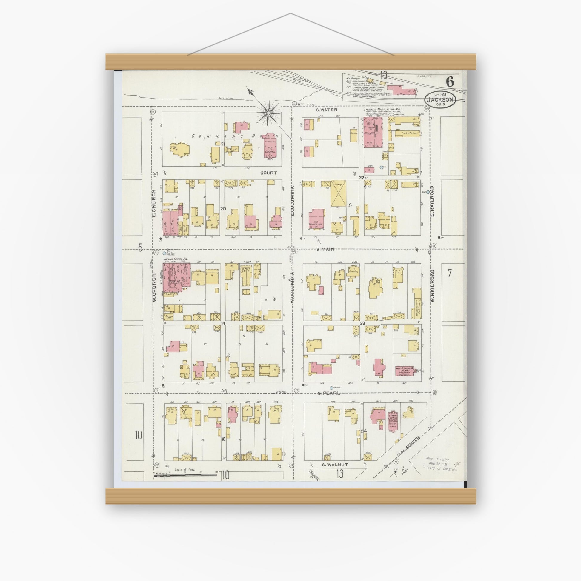 Old map wall art mockup — magnetic wood frame on white wall — Sanborn Fire Insurance Map from Jackson, Jackson County, Ohio (1905), Sheet #0006