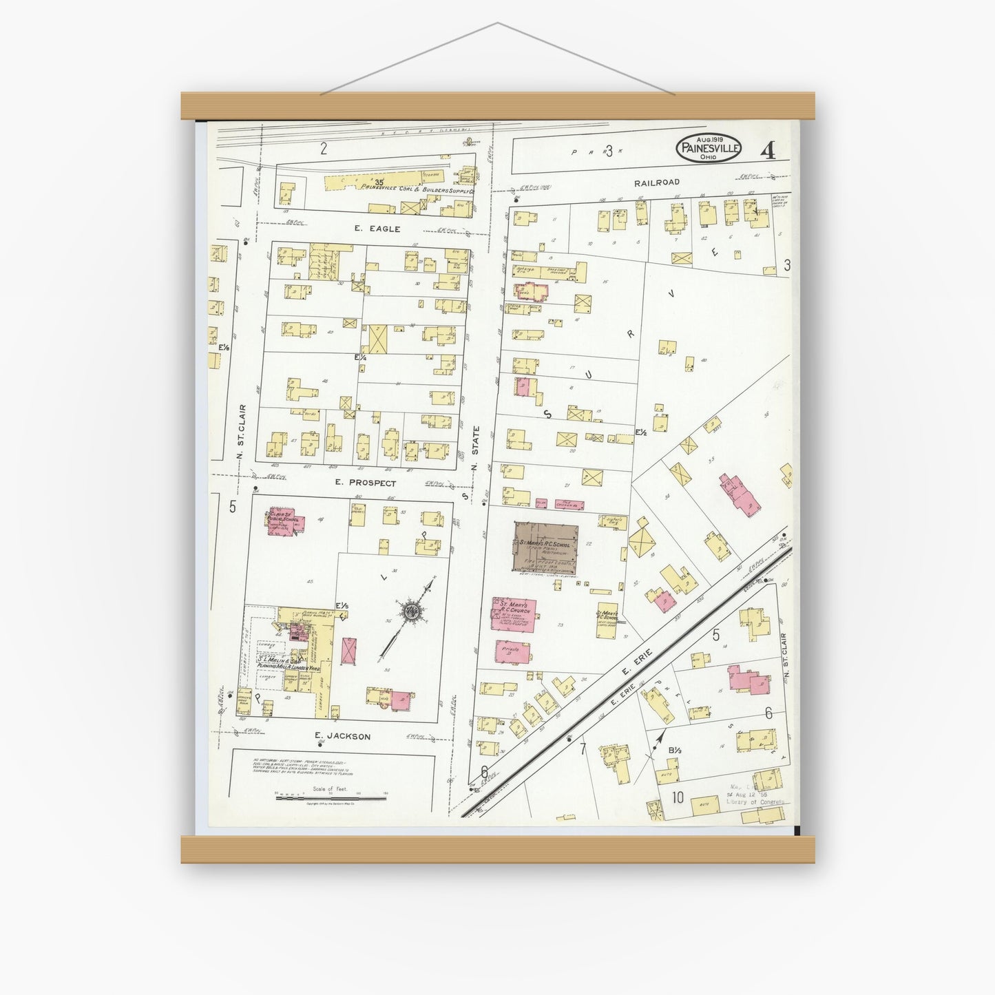 Old map wall art mockup — magnetic wood frame on white wall — Sanborn Fire Insurance Map from Painesville, Lake County, Ohio (1919), Sheet #0004