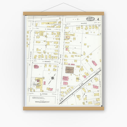 Old map wall art mockup — magnetic wood frame on white wall — Sanborn Fire Insurance Map from Painesville, Lake County, Ohio (1919), Sheet #0004
