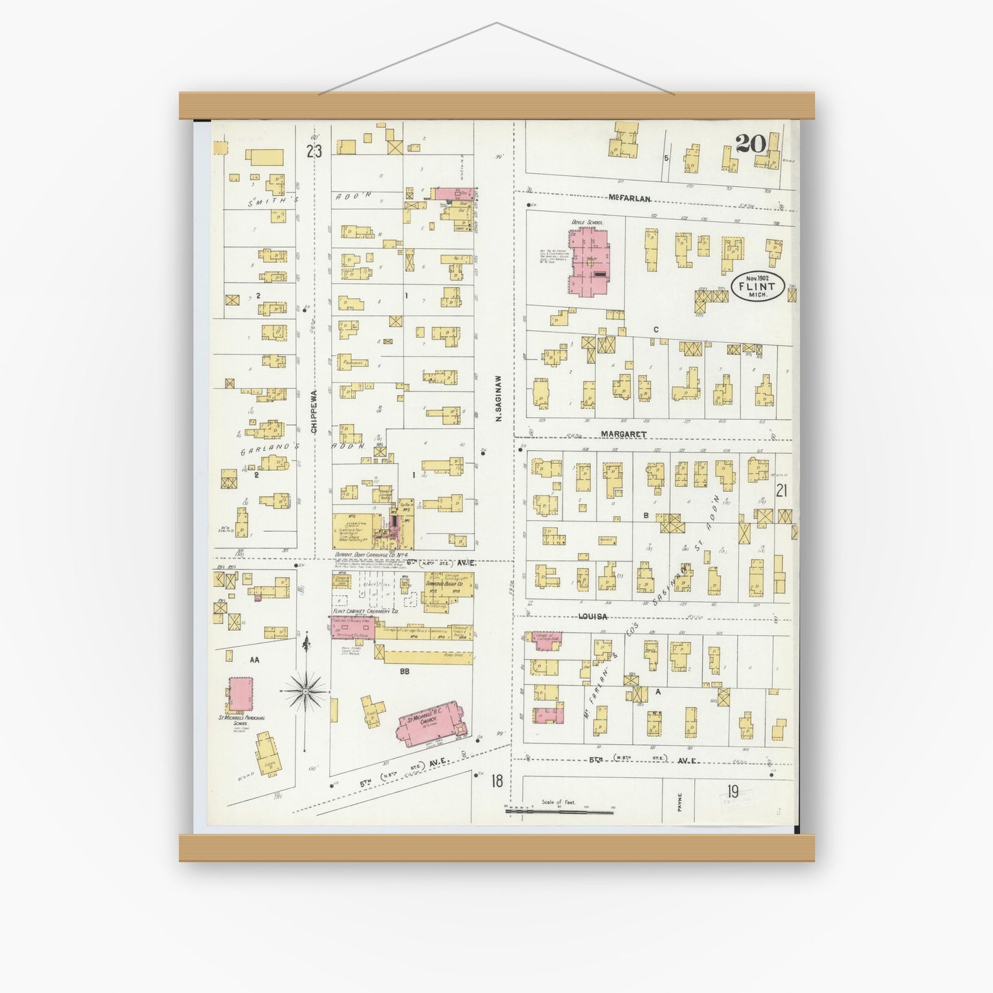 Old map wall art mockup — magnetic wood frame on white wall — Sanborn Fire Insurance Map from Flint, Genesee County, Michigan (1902), Sheet #0020