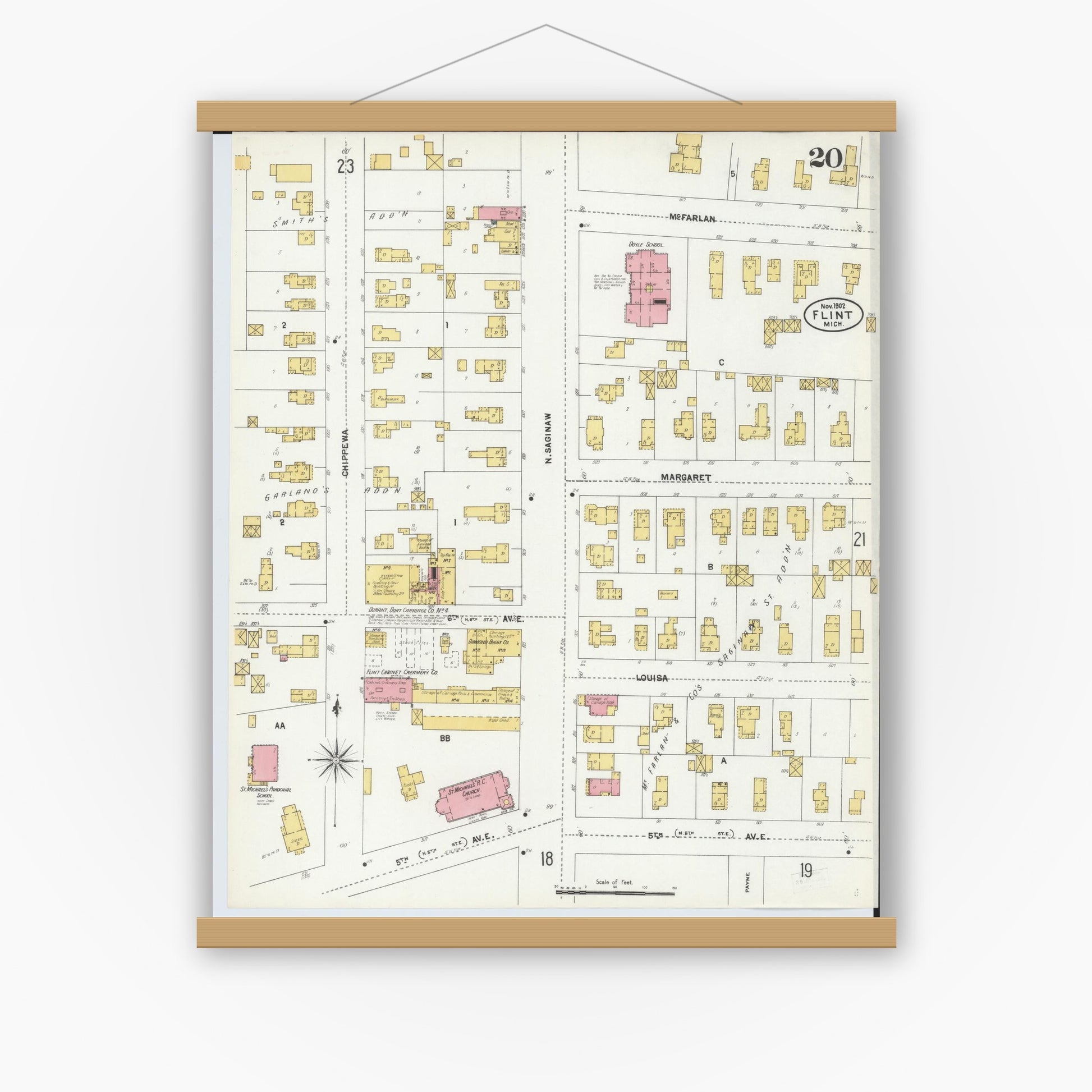 Old map wall art mockup — magnetic wood frame on white wall — Sanborn Fire Insurance Map from Flint, Genesee County, Michigan (1902), Sheet #0020