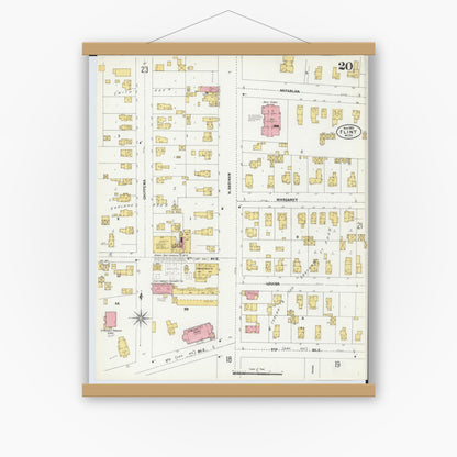 Old map wall art mockup — magnetic wood frame on white wall — Sanborn Fire Insurance Map from Flint, Genesee County, Michigan (1902), Sheet #0020