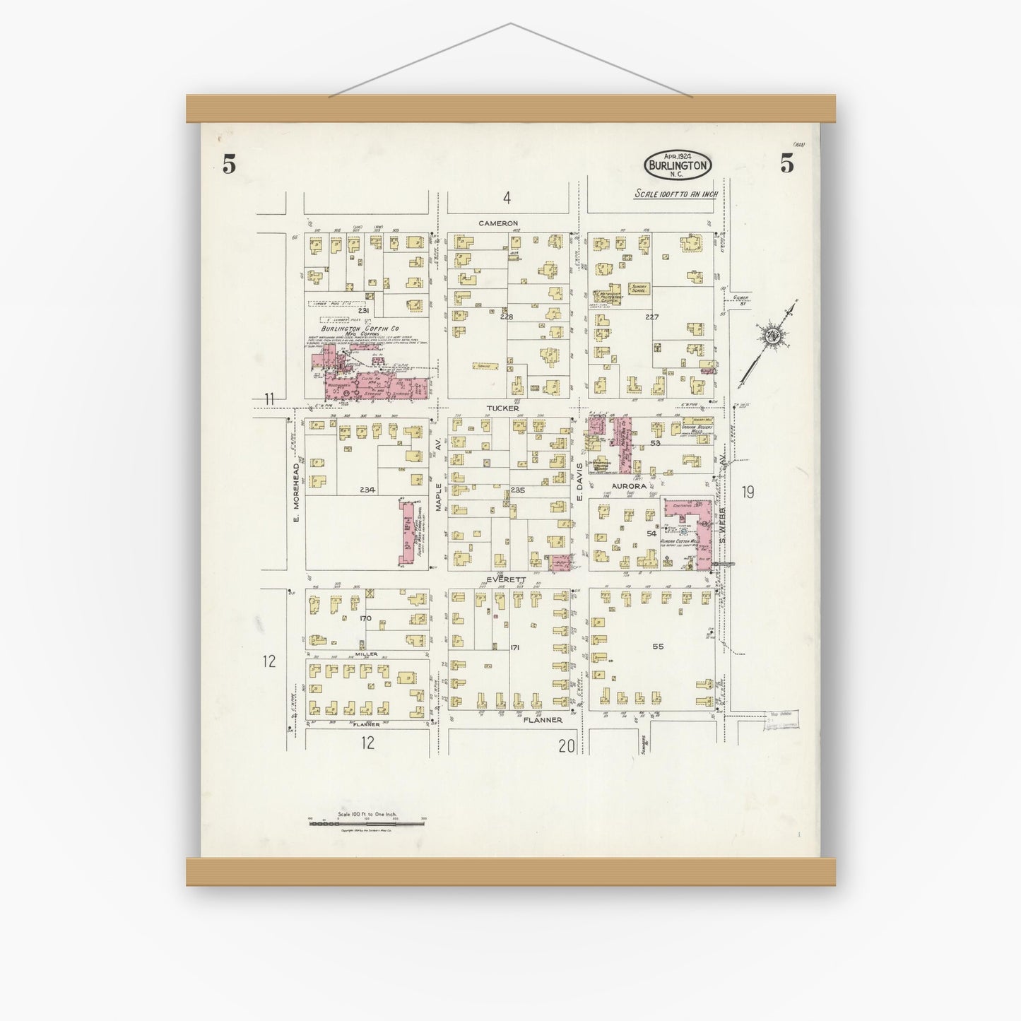 Old map wall art mockup — magnetic wood frame on white wall — Sanborn Fire Insurance Map from Burlington, Alamance County, North Carolina (1924), Sheet #0005