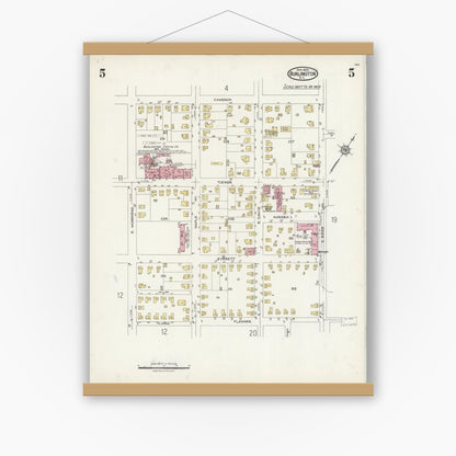 Old map wall art mockup — magnetic wood frame on white wall — Sanborn Fire Insurance Map from Burlington, Alamance County, North Carolina (1924), Sheet #0005