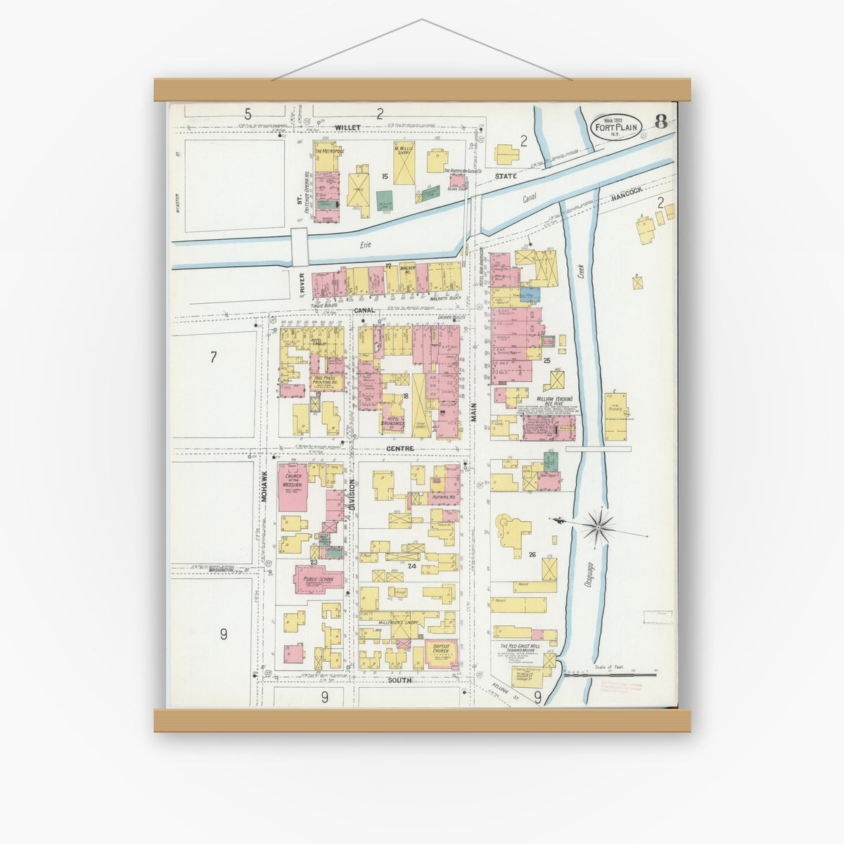 Old map wall art mockup — magnetic wood frame on white wall — Sanborn Fire Insurance Map from Fort Plain, Montgomery County, New York (1901), Sheet #0008