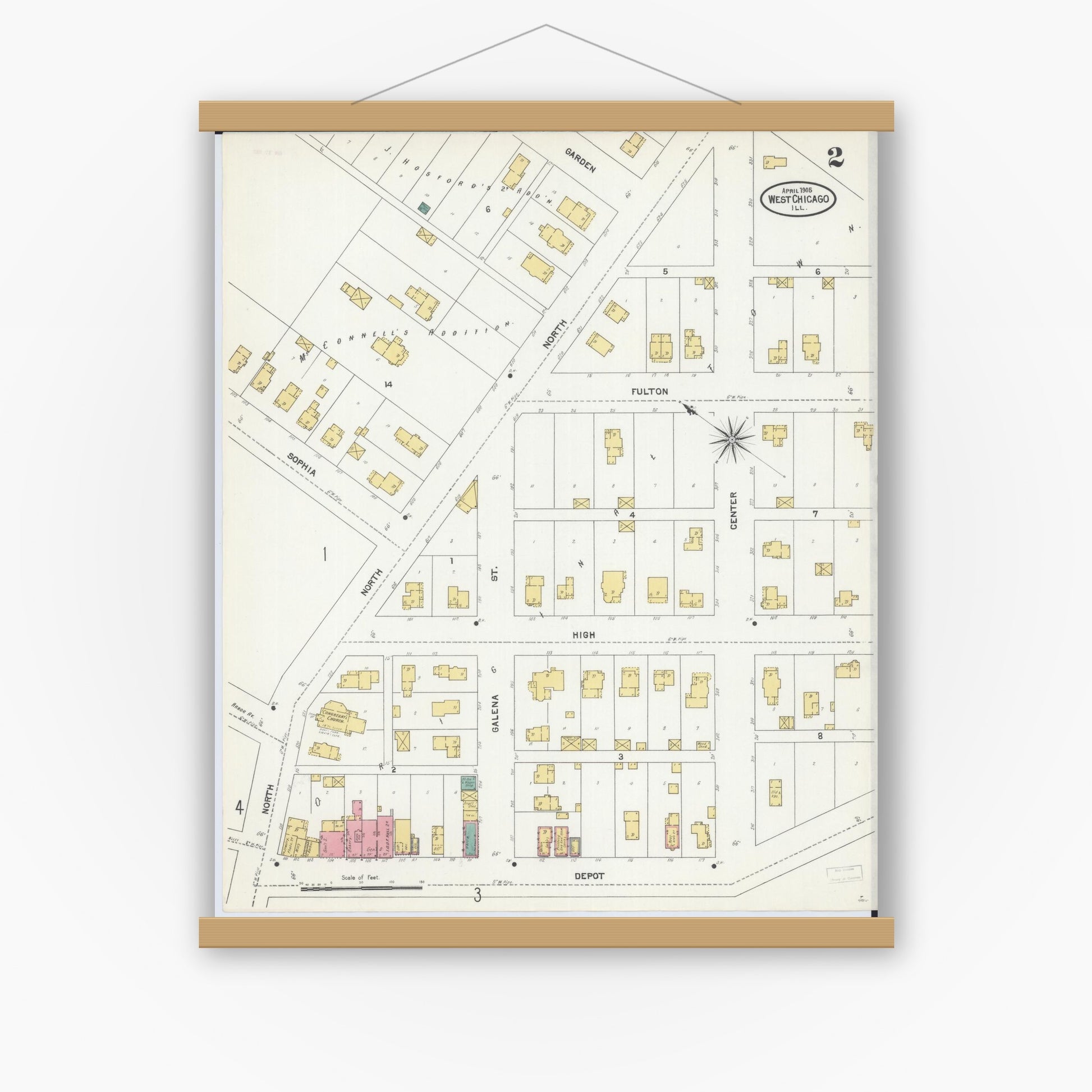 Old map wall art mockup — magnetic wood frame on white wall — Sanborn Fire Insurance Map from West Chicago, Du Page County, Illinois (1905), Sheet #0002