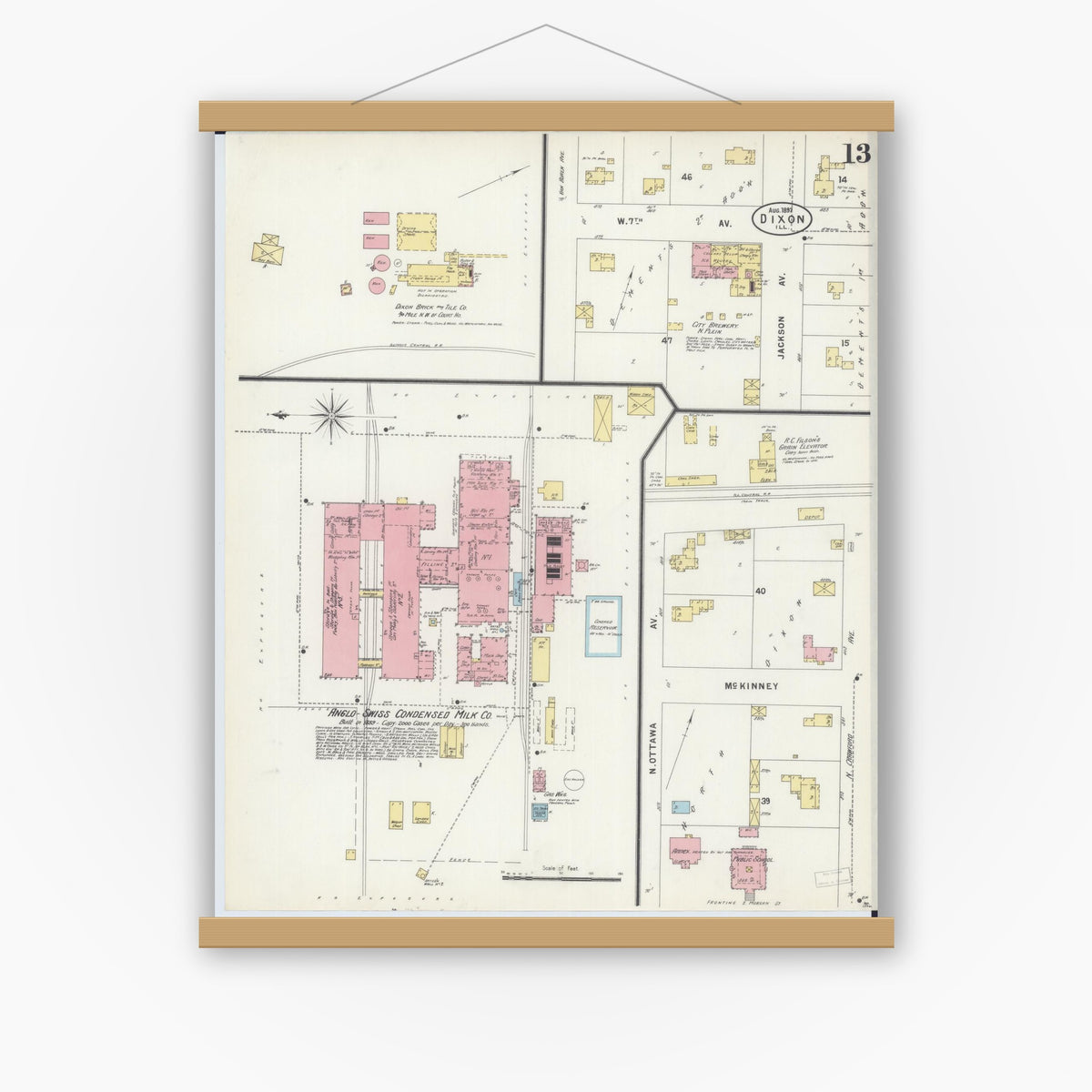 Old map wall art mockup — magnetic wood frame on white wall — Sanborn Fire Insurance Map from Dixon, Lee County, Illinois (1897), Sheet #0013