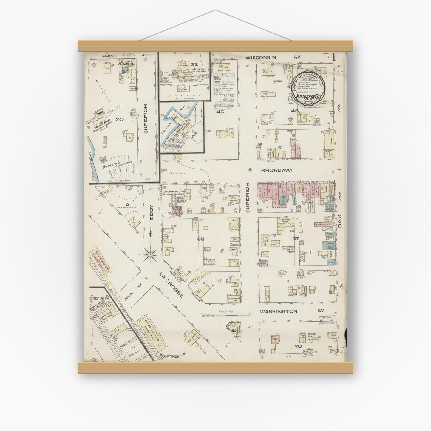 Old map wall art mockup — magnetic wood frame on white wall — Sanborn Fire Insurance Map from Kilbourn, Columbia County, Wisconsin (1885), Sheet #0001