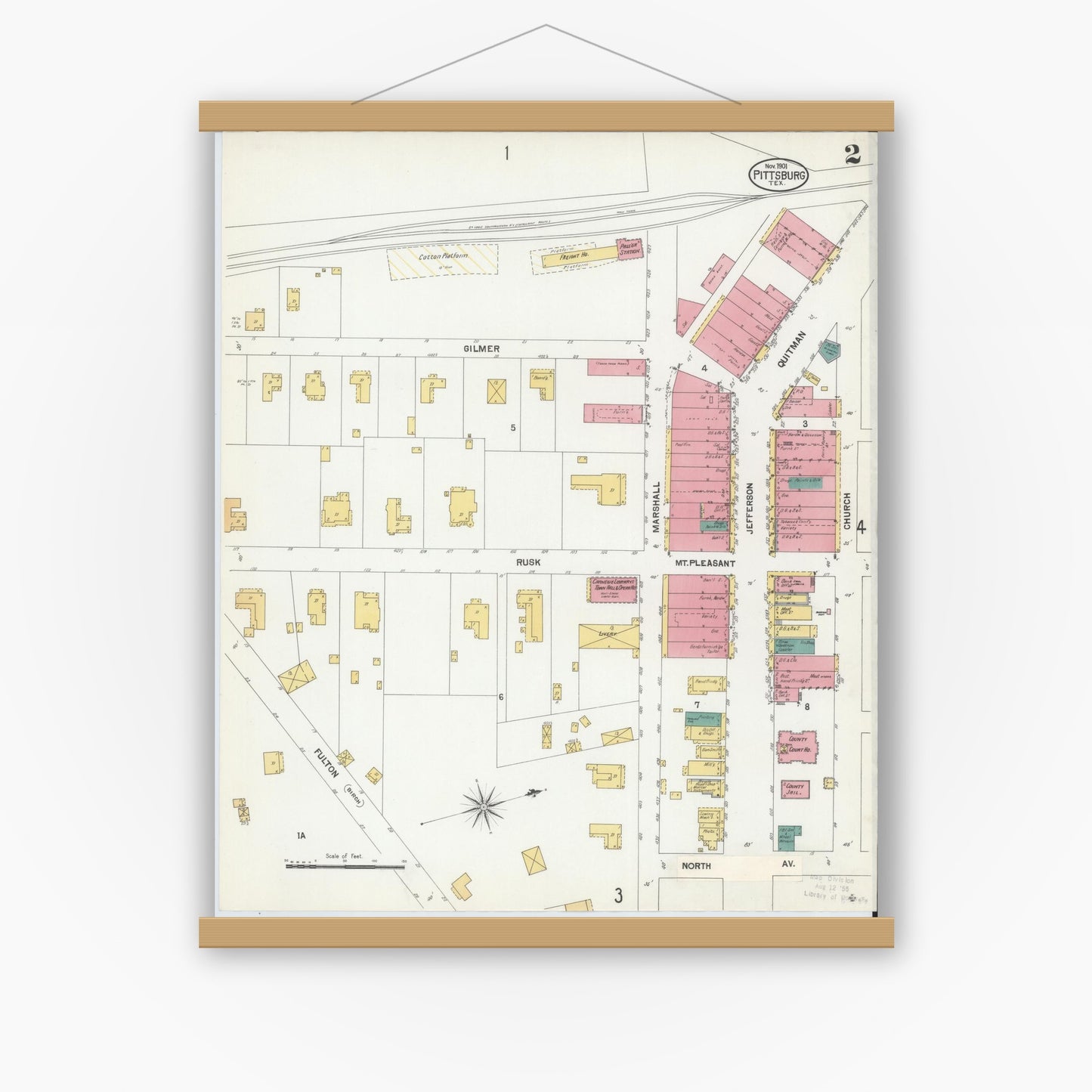 Old map wall art mockup — magnetic wood frame on white wall — Sanborn Fire Insurance Map from Pittsburg, Camp County, Texas (1901), Sheet #0002