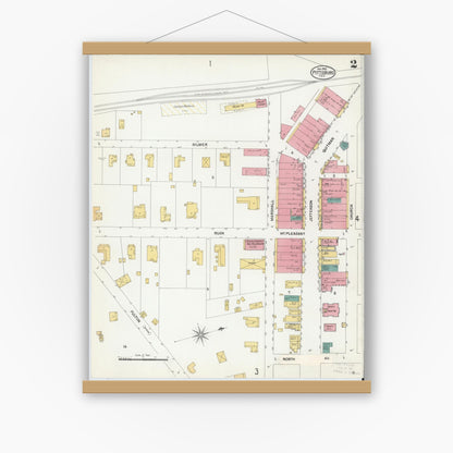 Old map wall art mockup — magnetic wood frame on white wall — Sanborn Fire Insurance Map from Pittsburg, Camp County, Texas (1901), Sheet #0002