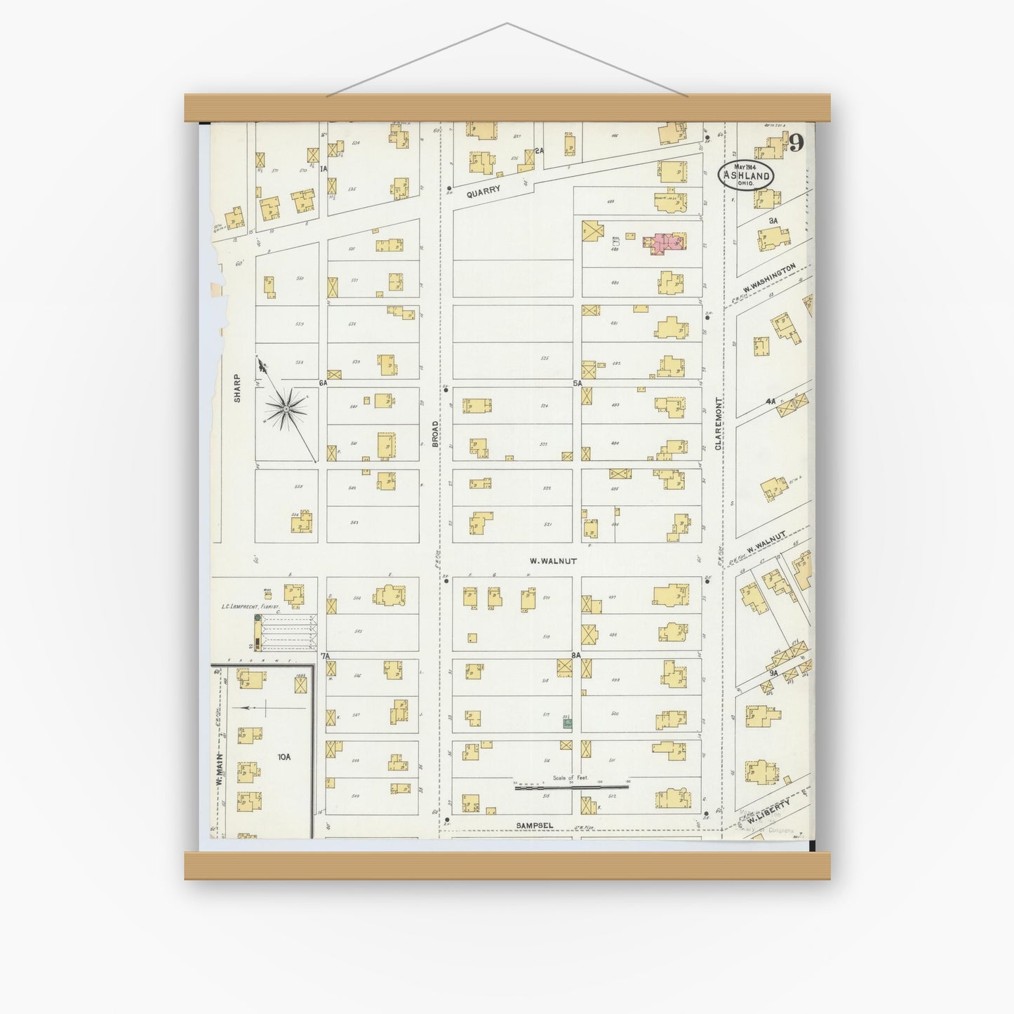 Old map wall art mockup — magnetic wood frame on white wall — Sanborn Fire Insurance Map from Ashland, Ashland County, Ohio (1904), Sheet #0009